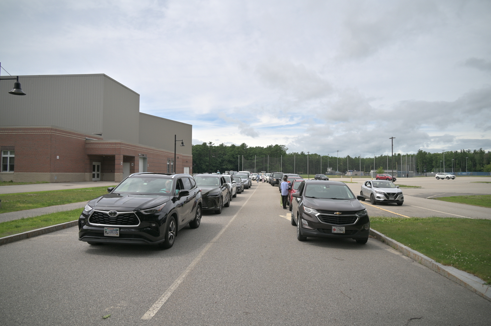 Cars lined up at Kennebunk High School.