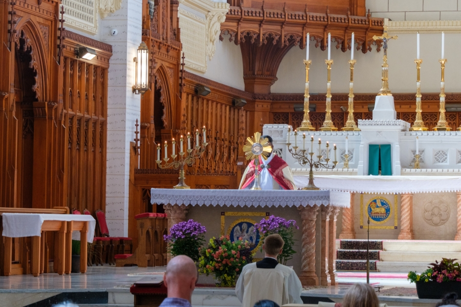 Father Raja puts the consecrated host in the monstrance.