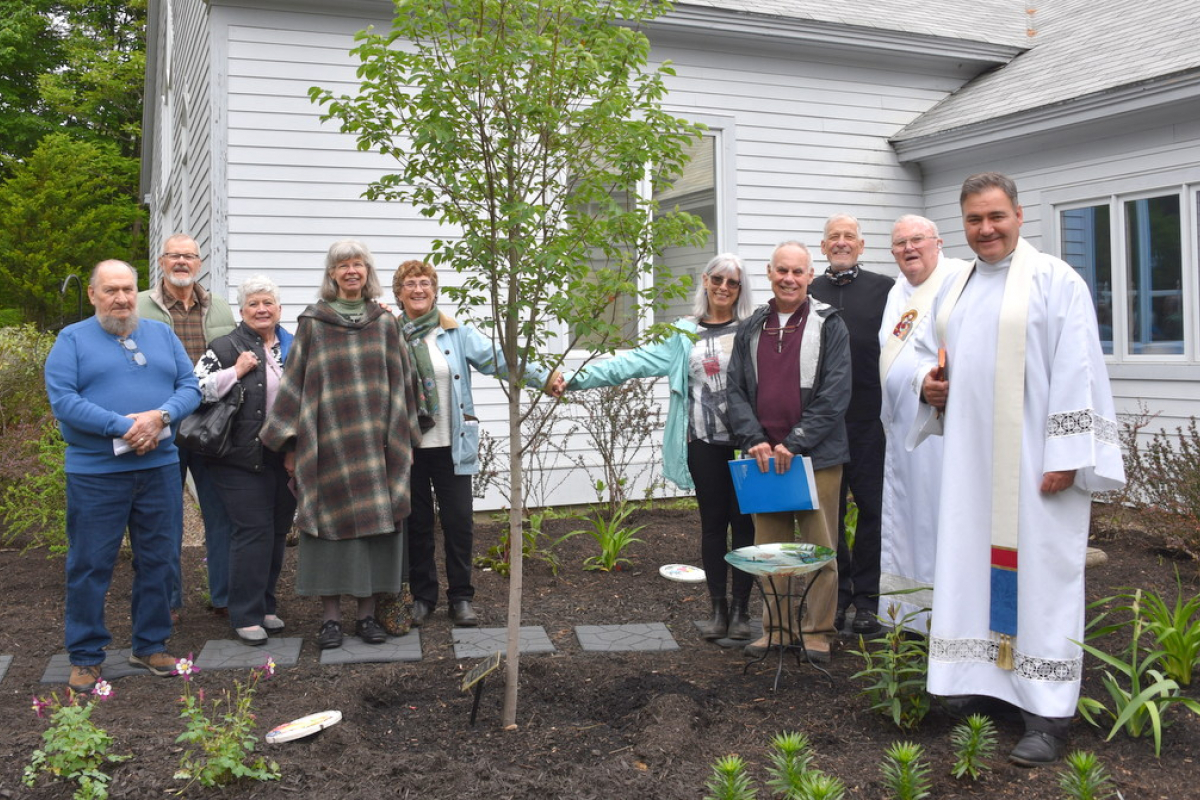 Volunteers enjoy the meditation garden.