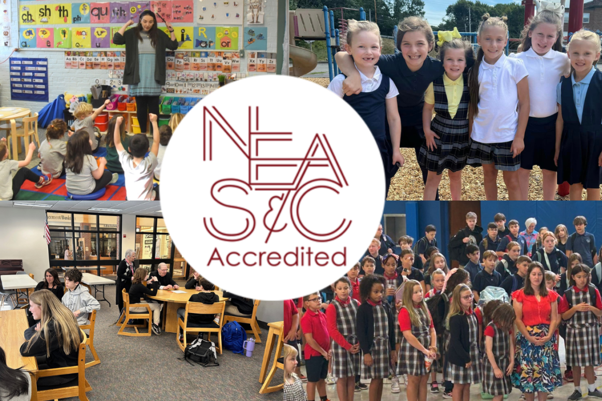 Maine Catholic school students and NEASC logo